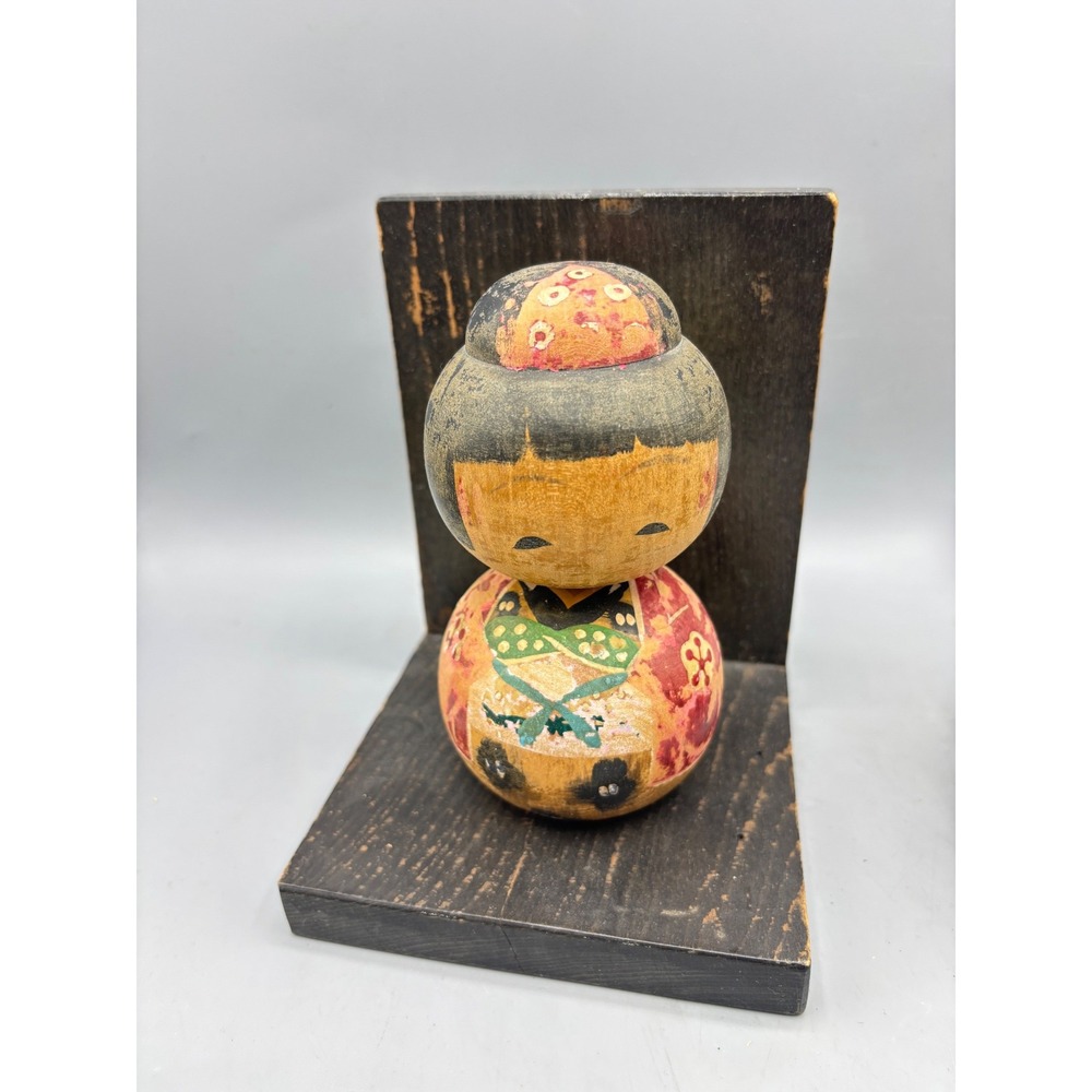 Vintage Japanese Kokeshi Doll Wooden Bookend Hand Painted Folk Art Mid Century
